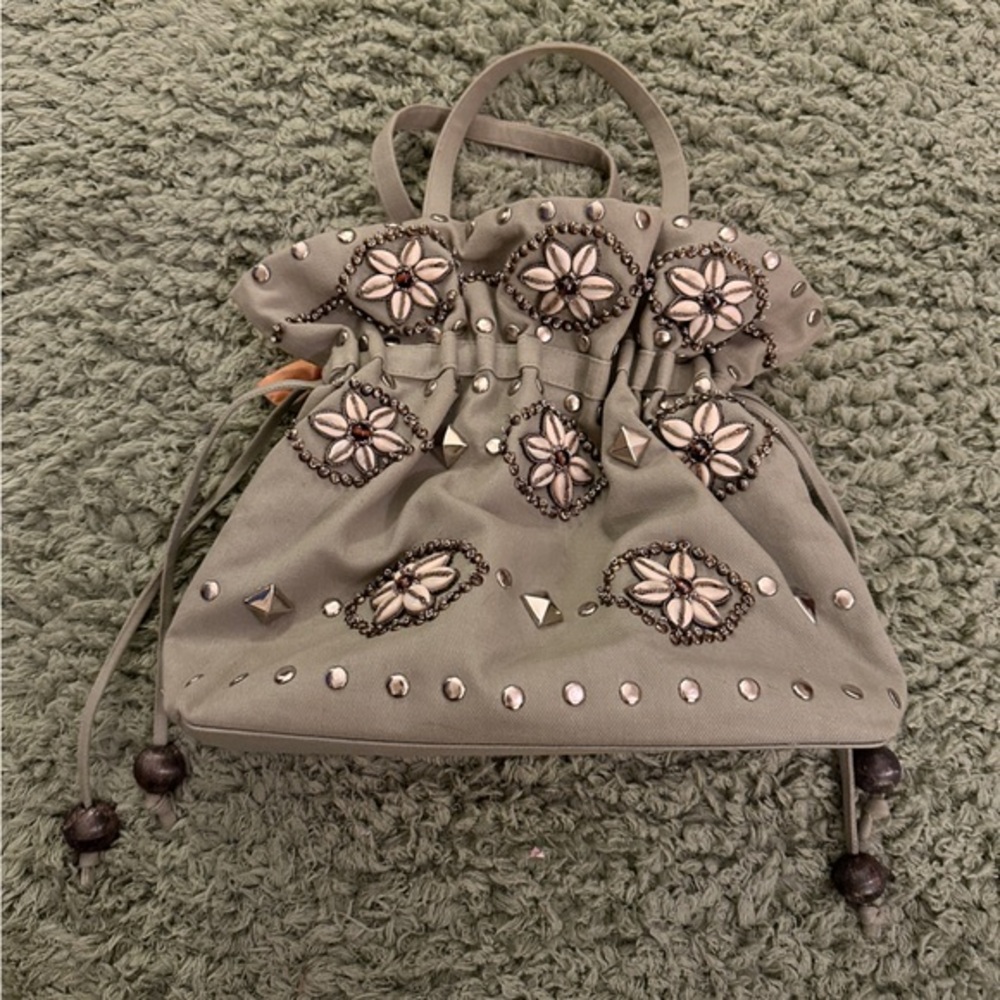 Matthew Williamson Sage Green Seashell Bead Grommet Cloth Drawstring Purse Bag